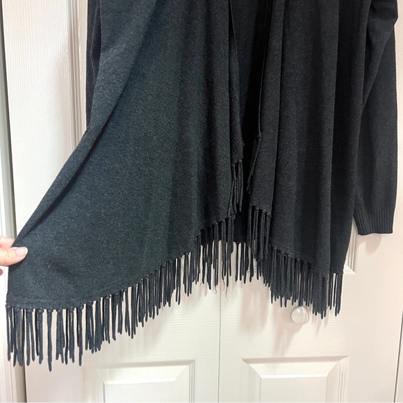 Central Park West Charcoal Gray Open-Front Fringe Cardigan Sweater - Picture 6 of 13